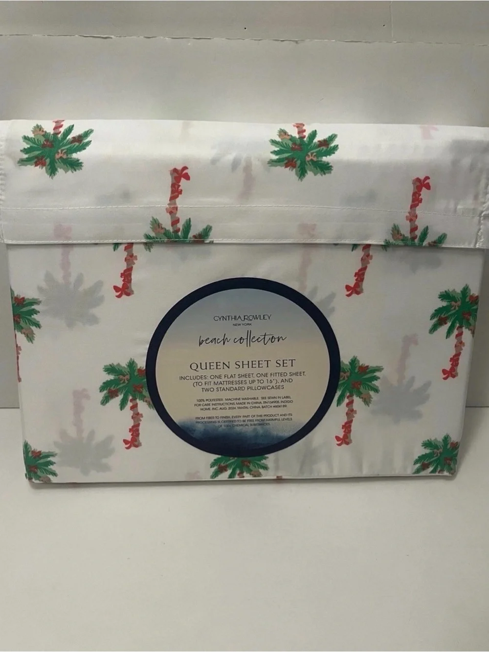 Cynthia Rowley Beach Collection Queen Size Sheet Set Bows on Palm Trees